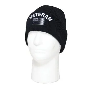 Rothco Veteran With US Flag Fine Knit Watch Cap - Black